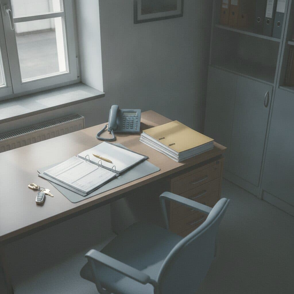 Schreibtisch im Büro von re-sanatio mit Pflegedokumentation, Schlüsseln und Telefon