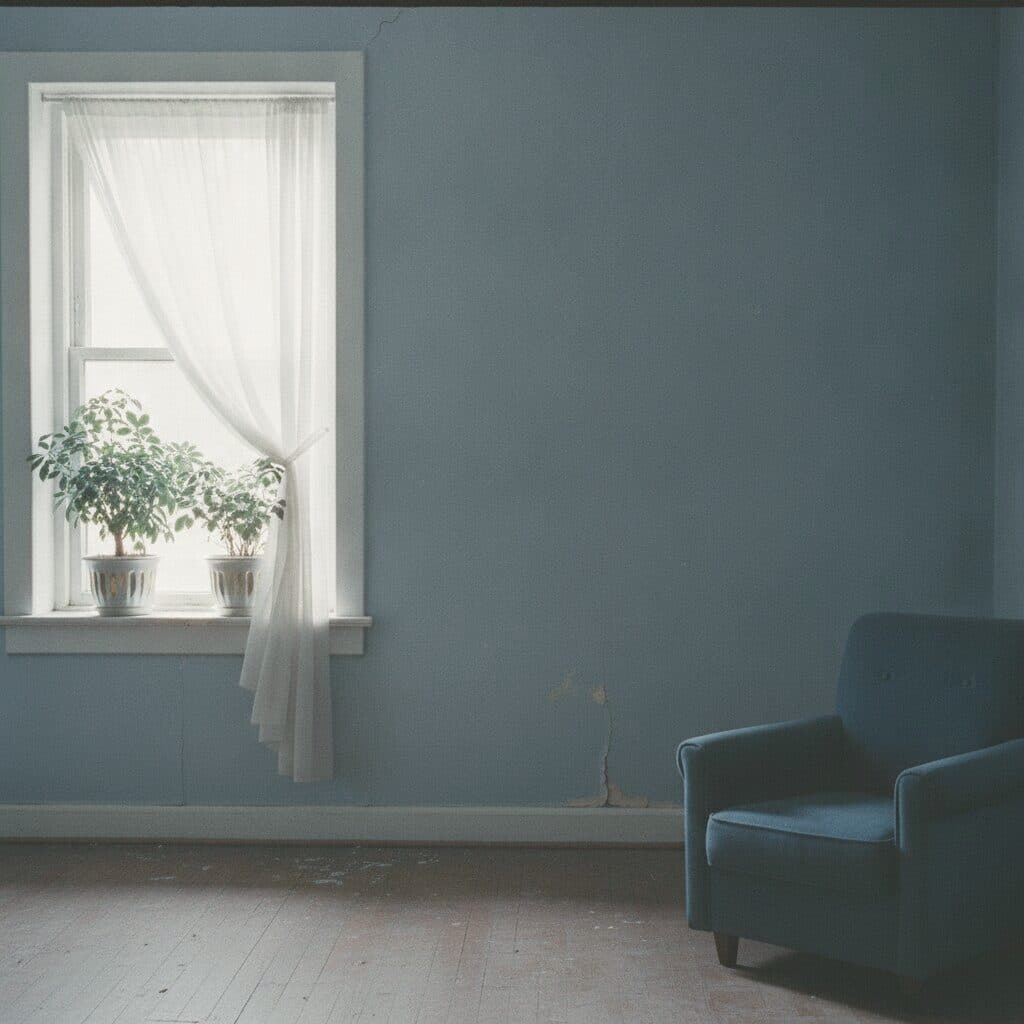 Ruhiges Wohnzimmerfenster mit Gardine und Pflanzen in einer Duisburger Wohnung