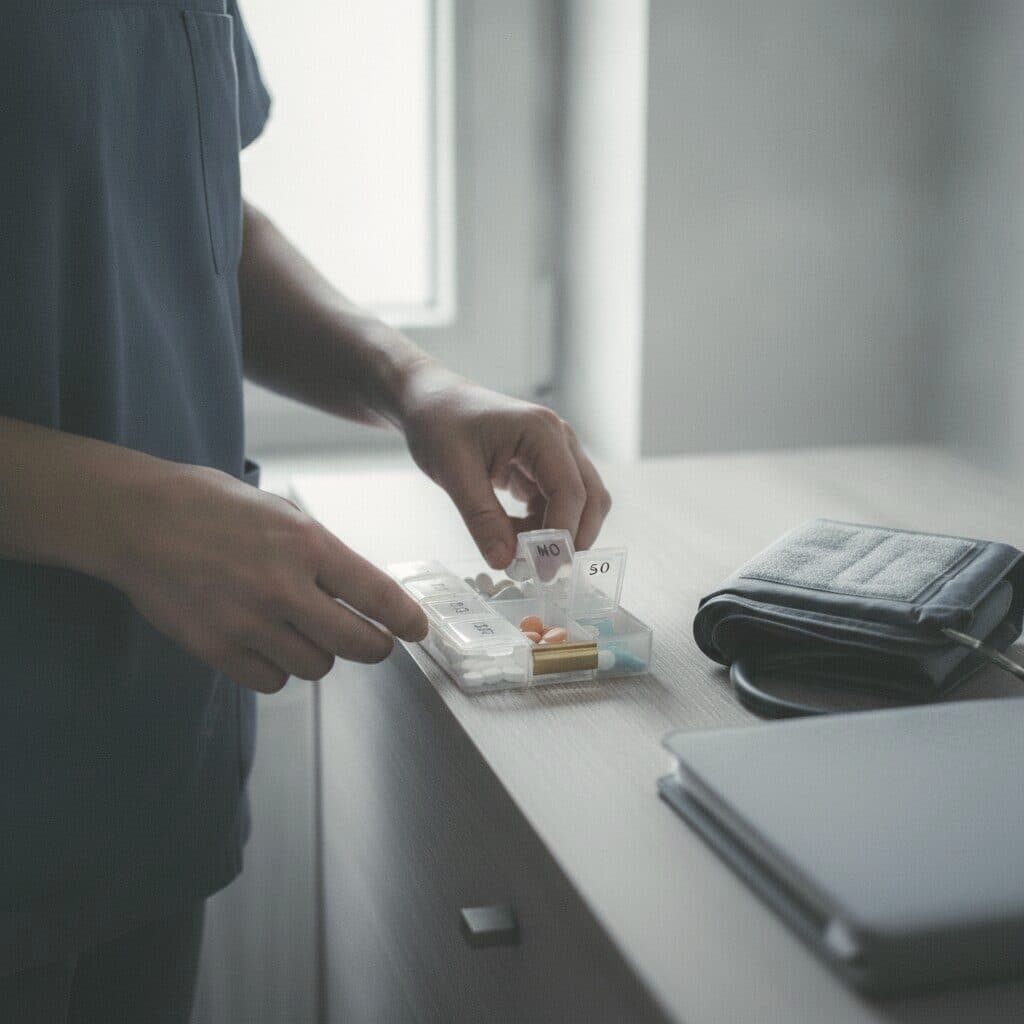 Hände richten Tabletten in eine Wochenbox, daneben eine Blutdruckmanschette