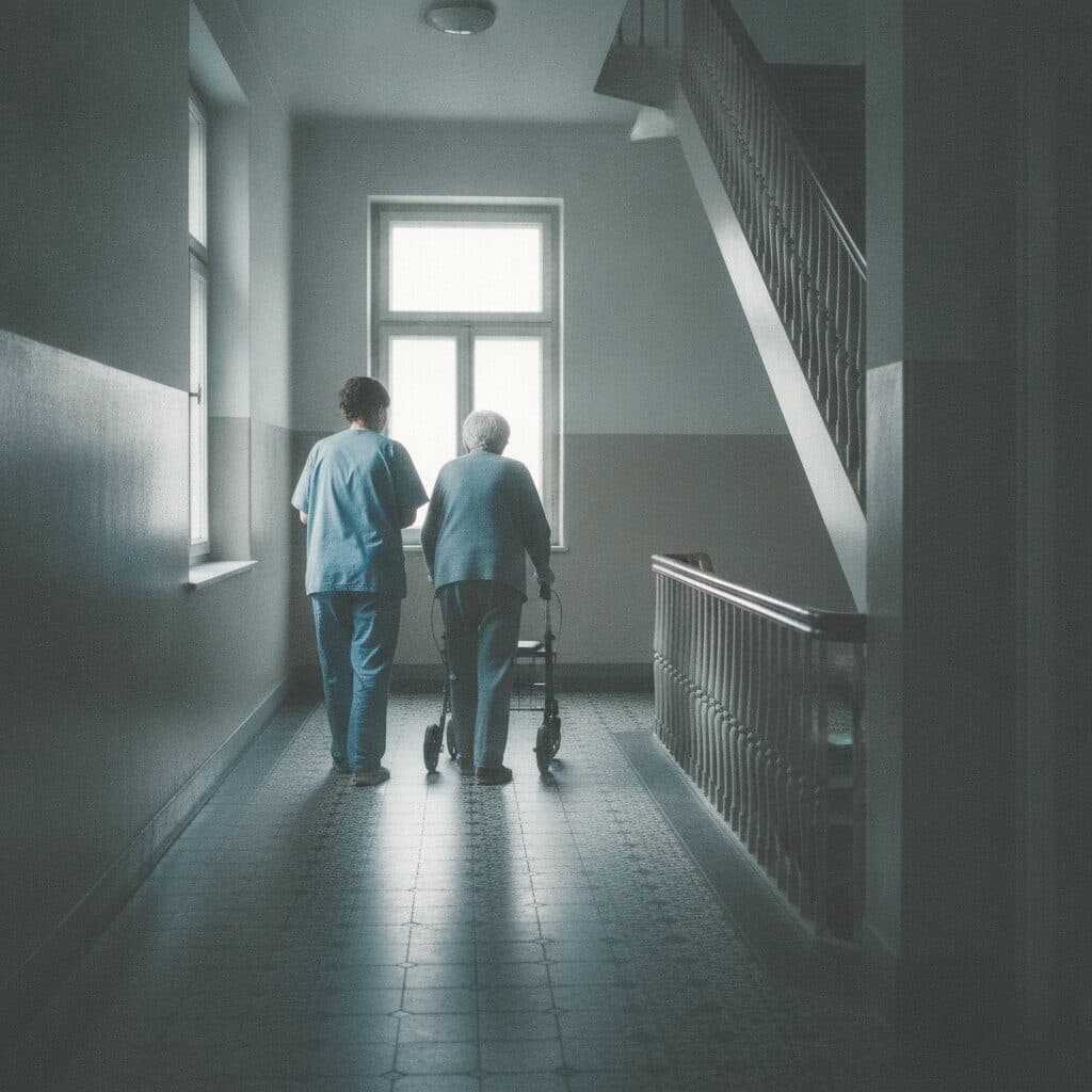 Pflegekraft begleitet eine ältere Person mit Rollator durch den Hausflur