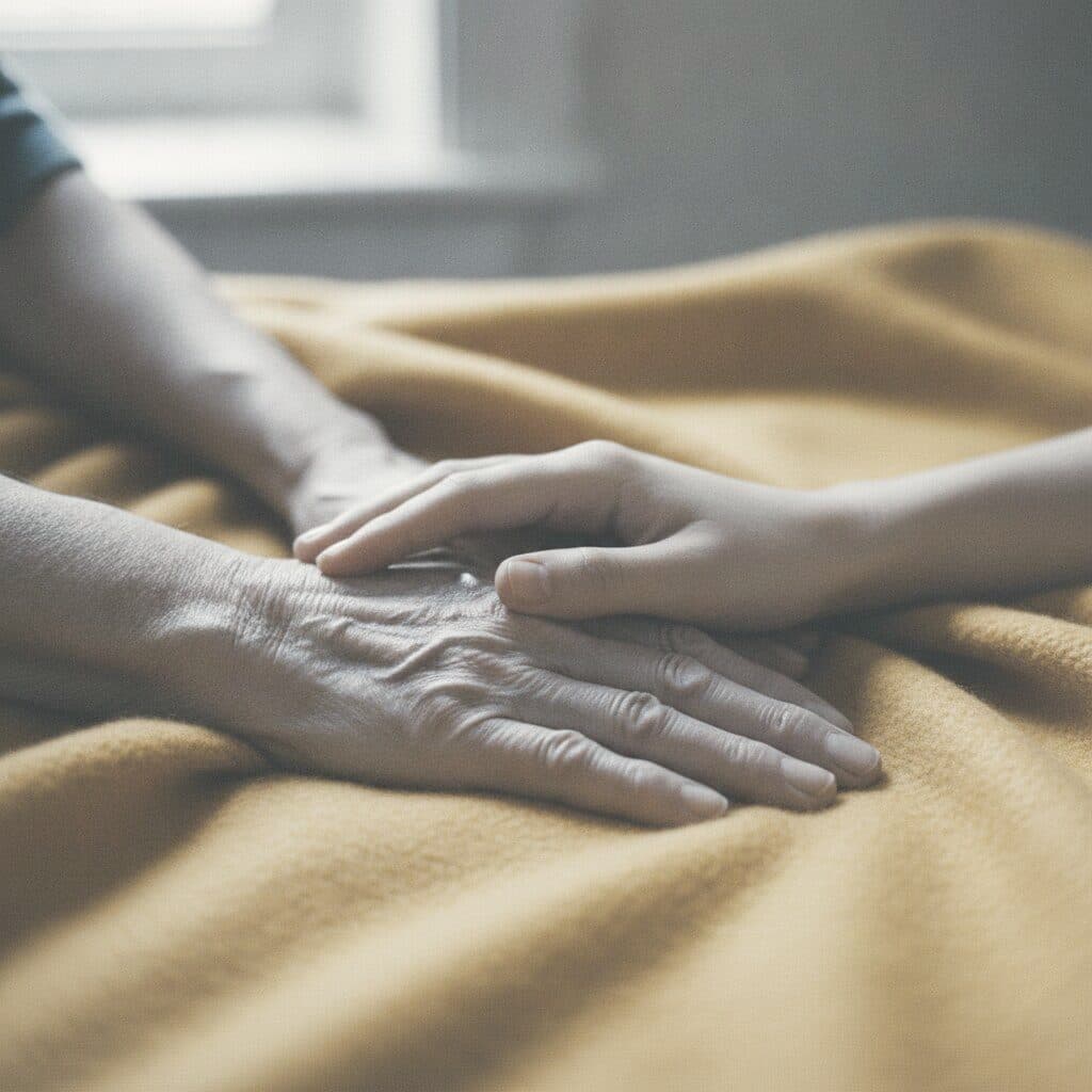 Eine jüngere Hand liegt auf der Hand einer älteren Person, darunter eine gelbe Wolldecke