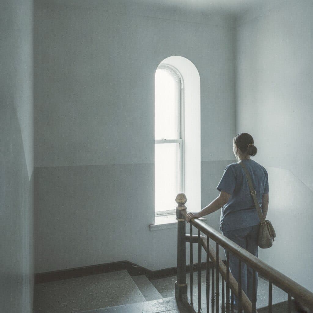 Pflegekraft im Treppenhaus eines Duisburger Altbaus auf dem Weg zum nächsten Hausbesuch