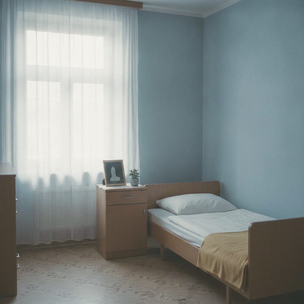 Ruhiges Einzelzimmer in einer Pflegeeinrichtung mit Fenster und Bett