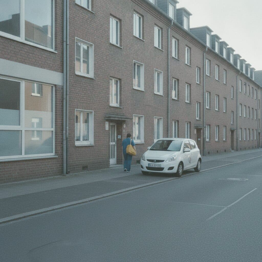 Pflegekraft geht mit ihrer Tasche auf ein Wohnhaus in Duisburg zu